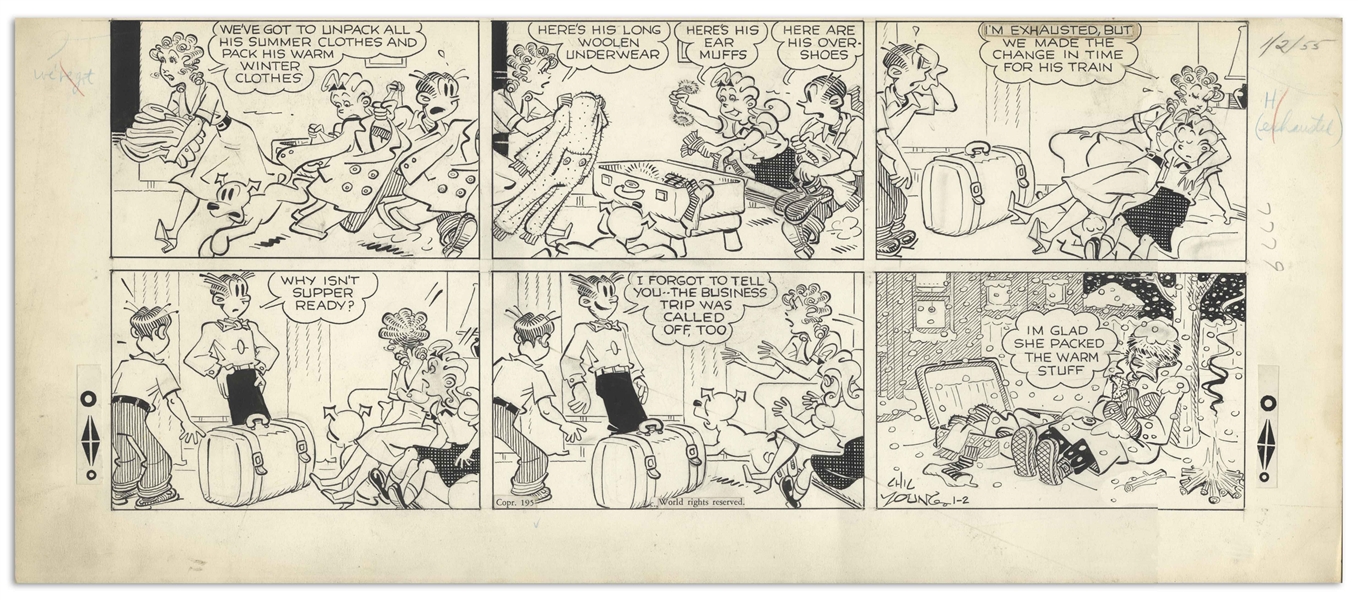 Chic Young Hand-Drawn ''Blondie'' Sunday Comic Strip From 1955 -- Dagwood Drives Blondie to Her Limit
